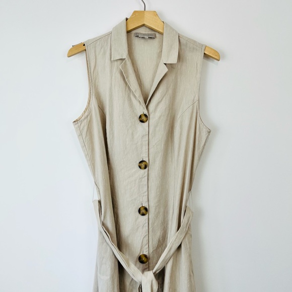 Hobbs Beige Linen Blend Sleeveless Tie Waist Button Up Shirt Dress UK 14 - Picture 2 of 16